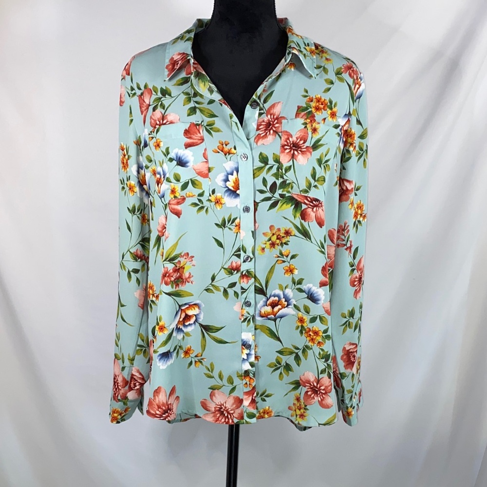 Roz & Ali Floral Light Blue Button-Up Blouse Large